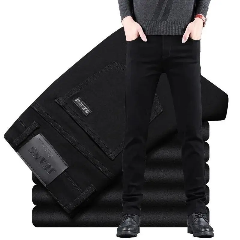 Spring Autumn New Men's Pure Black Slim Jeans Elastic Straight Business Fashion Leisure Korean Vintage Denim Casual Pants