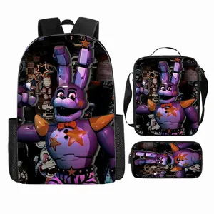Toy Bear Midnight Harem Purple Bonnie Horror Doll dark-colored three-piece school bag set, including a backpack, insulated lunch bag, and stationery storage bag, for daily use by teenagers