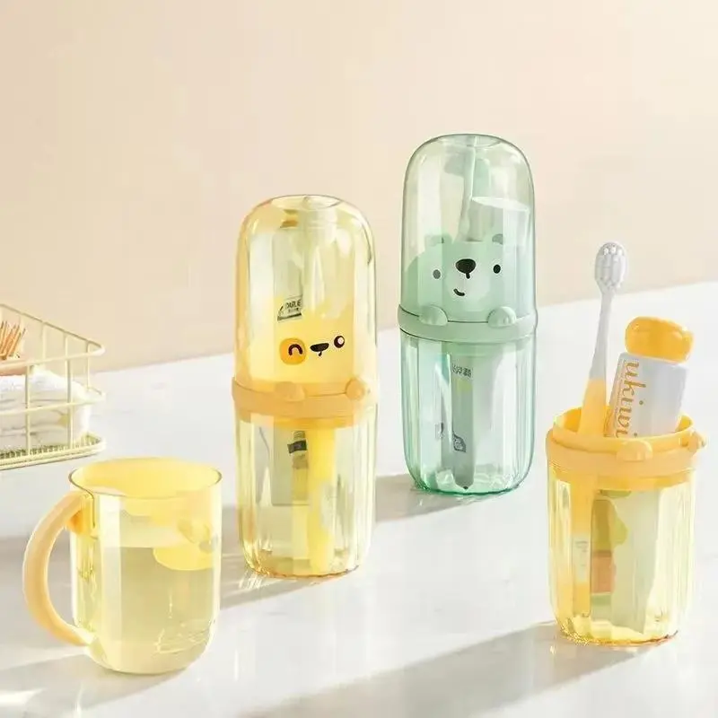 2025 Edition Creative Cartoon Toothcare Storage Set with Toothbrush, Toothpaste, Tumbler & Box, Portable Children’s Bathroom Home Supply for Travel Mouthwash Use
