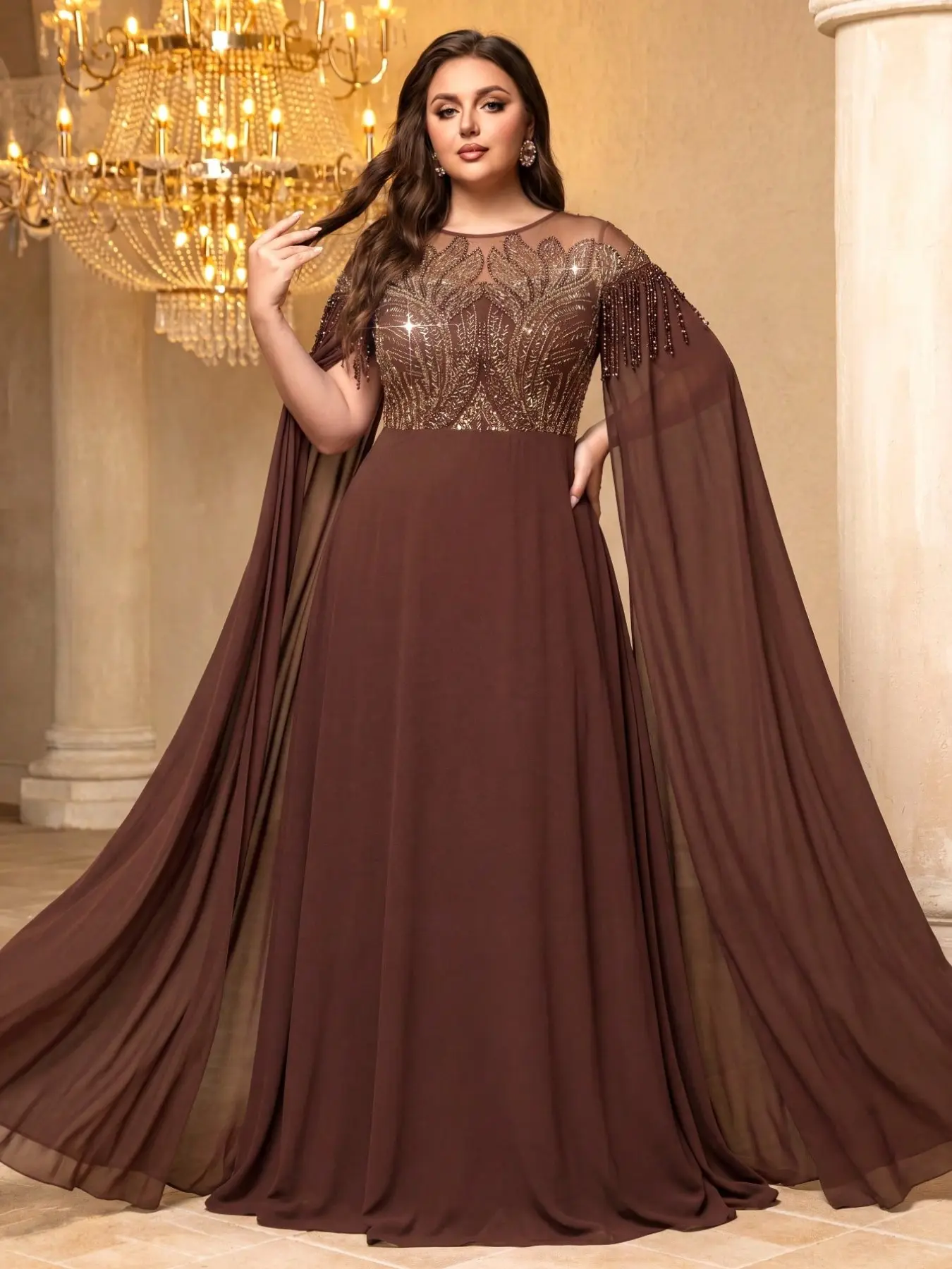 Women's Round Neck Maxi Dress, Sequin Beaded Patchwork Chiffon Long Sleeve, Waist Cinched Formal Evening Gown, All Seasons Party Dress