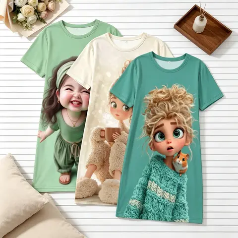 Women's Nightgowns 3 Piece Matching Bundle Warm Cozy Aesthetic 3D Cartoon Girl Hamster Print Summer Sweet Comfort Style Short Sleeve Crew Neck Silky Soft Breathable Lightweight Sleep Shirt Dress Home Sleepover Lounge Wear Casual Home Sleepwear