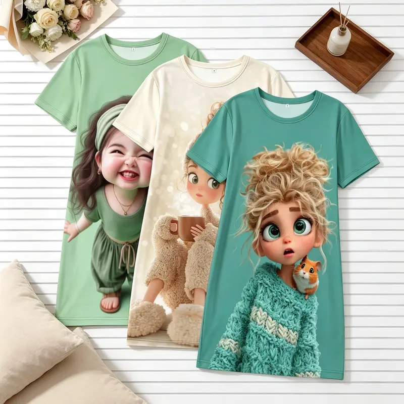 Women's Nightgowns 3 Piece Matching Bundle Warm Cozy Aesthetic 3D Cartoon Girl Hamster Print Summer Sweet Comfort Style Short Sleeve Crew Neck Silky Soft Breathable Lightweight Sleep Shirt Dress Home Sleepover Lounge Wear Casual Home Sleepwear