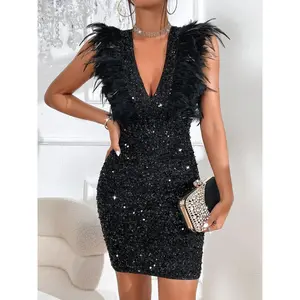 ACTIVEKITWomen's sequined dress with deep V-neck sleeveless feather design, perfect for Christmas, dates, parties, and important occasions