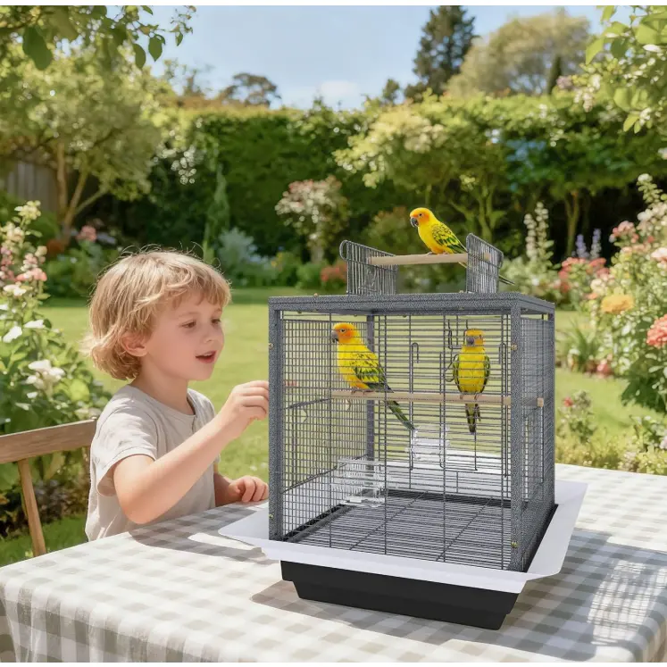 Bird Cage – 17.7"×17.7"×23.6", Metal, 1 Front + 3 Side Doors – for Parakeets/Canaries/Lovebirds – Black, Removable Tray & 2 Bowls