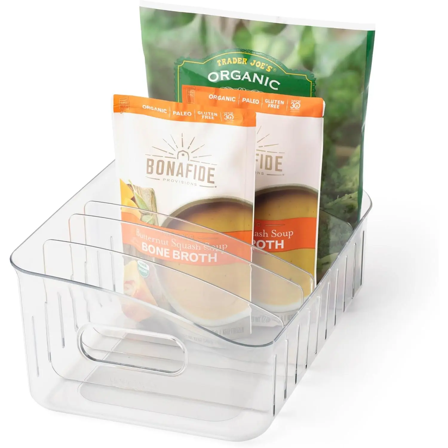 FreezeUp Freezer Bin 12", BPA-Free Fridge Organizer with Dividers and Handle for Frozen Food and Leftovers