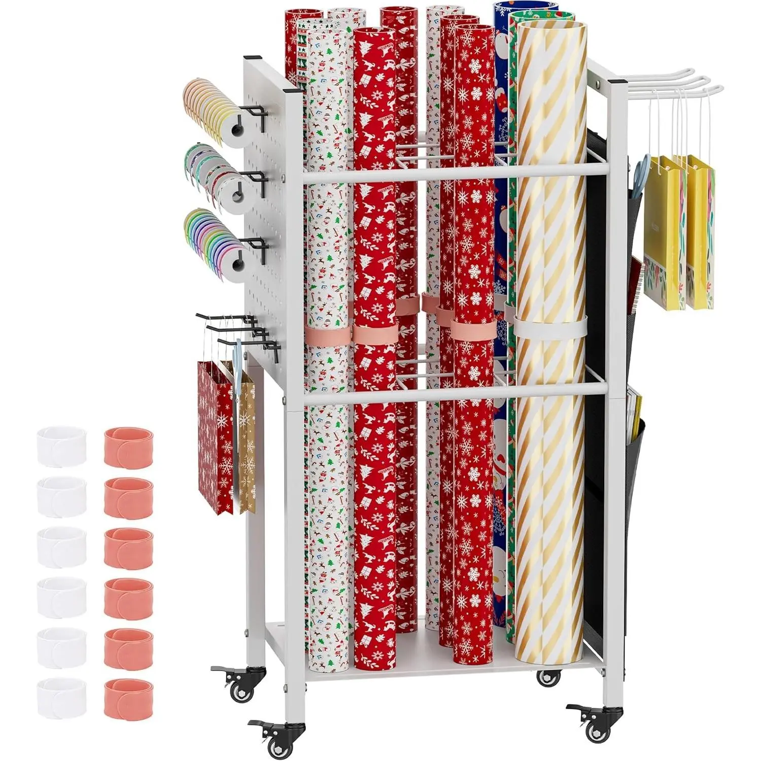 Wrapping Paper Storage Organizer with Wheels, Gift Wrap Storage Station with Ribbon and Gift Bag Storage, Rolling Craft Storage Cart with 12PCS Slap Bands, Christmas Decor, White