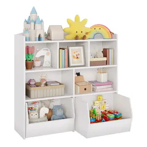 Kids Toy Storage Organizer Bookshelf, 5 Open Cubby Compartments with Removable Drawers, Hidden Rolling Wheels, Multifunctional Floor Toy Cabinet for Playroom Bedroom Nursery, 1 Pack