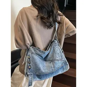 Women's Vintage Washed Denim Crossbody Bag - Retro Shoulder Messenger Bag with Distinctive Button Detail, Lightweight Versatile Easy-to-Carry-All-Day Casual Purse for Work, College, Daily Use
