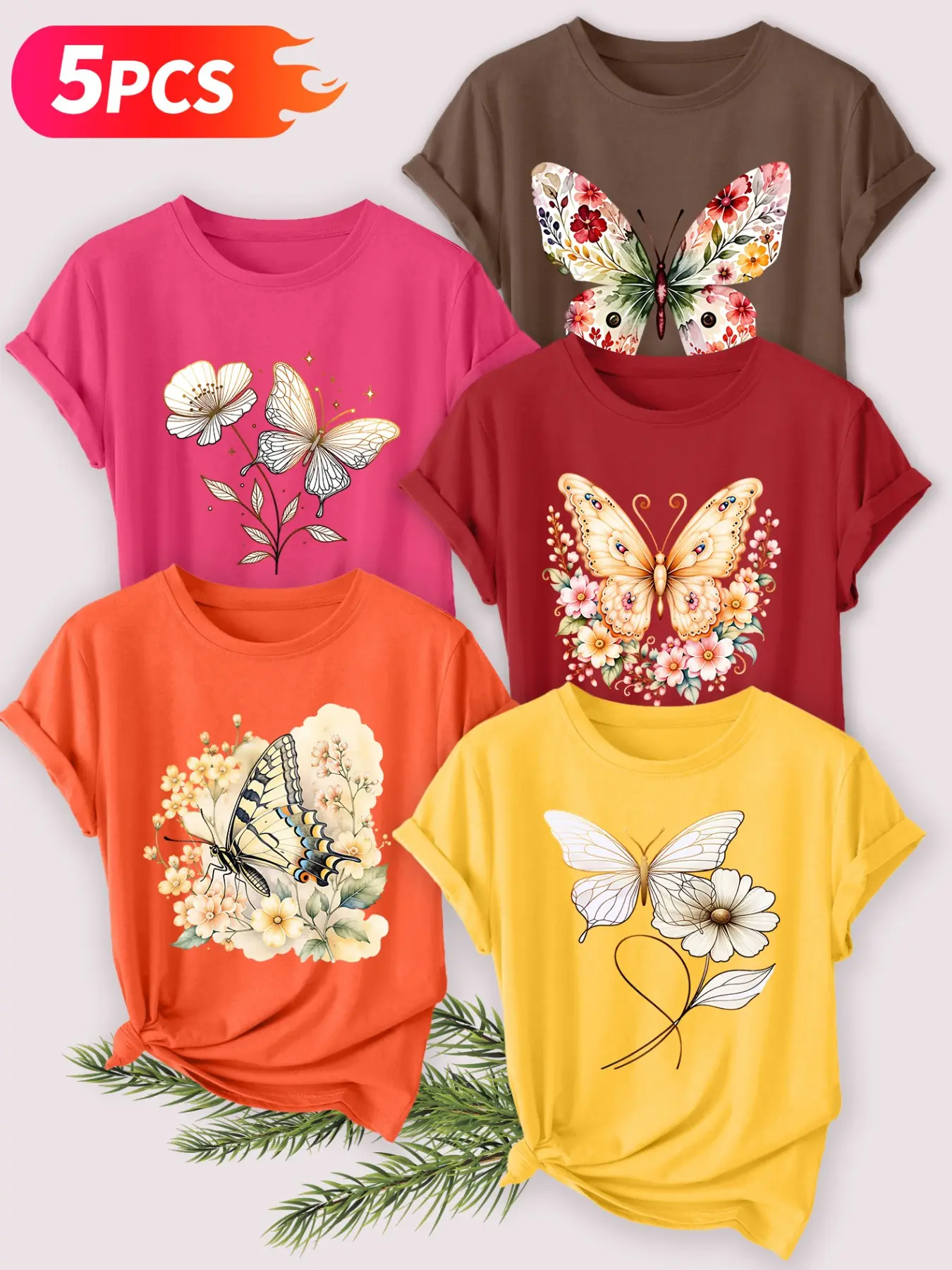 5Pcs Women Tee,Hand-drawn Butterflies With Mixed Floral Prints,multi-color,washable,soft spring&summer casual top
