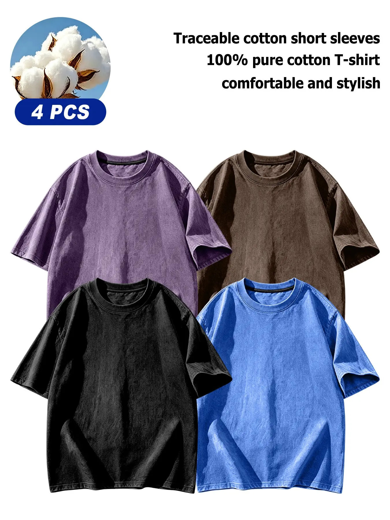 Pure Cotton 100% 4-Pack Basic Short Sleeve T-Shirts, Unisex Loose Plain Round Neck Top, Multi-Color Versatile Casual Half Sleeves