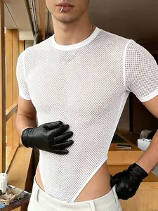INCERUN Men's Fashion Casual One-Piece, Mesh Design Triangle Short Sleeve, Ideal for Daily Wear, Comfortable and Stylish
