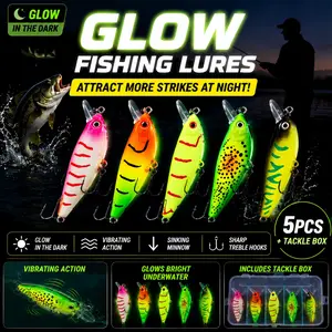 Glow-in-the-Dark Vibrating Minnow Fishing Lures (5 Pack) – Sinking Crankbait Baits for Bass, Trout & Night Fishing + Tackle Box