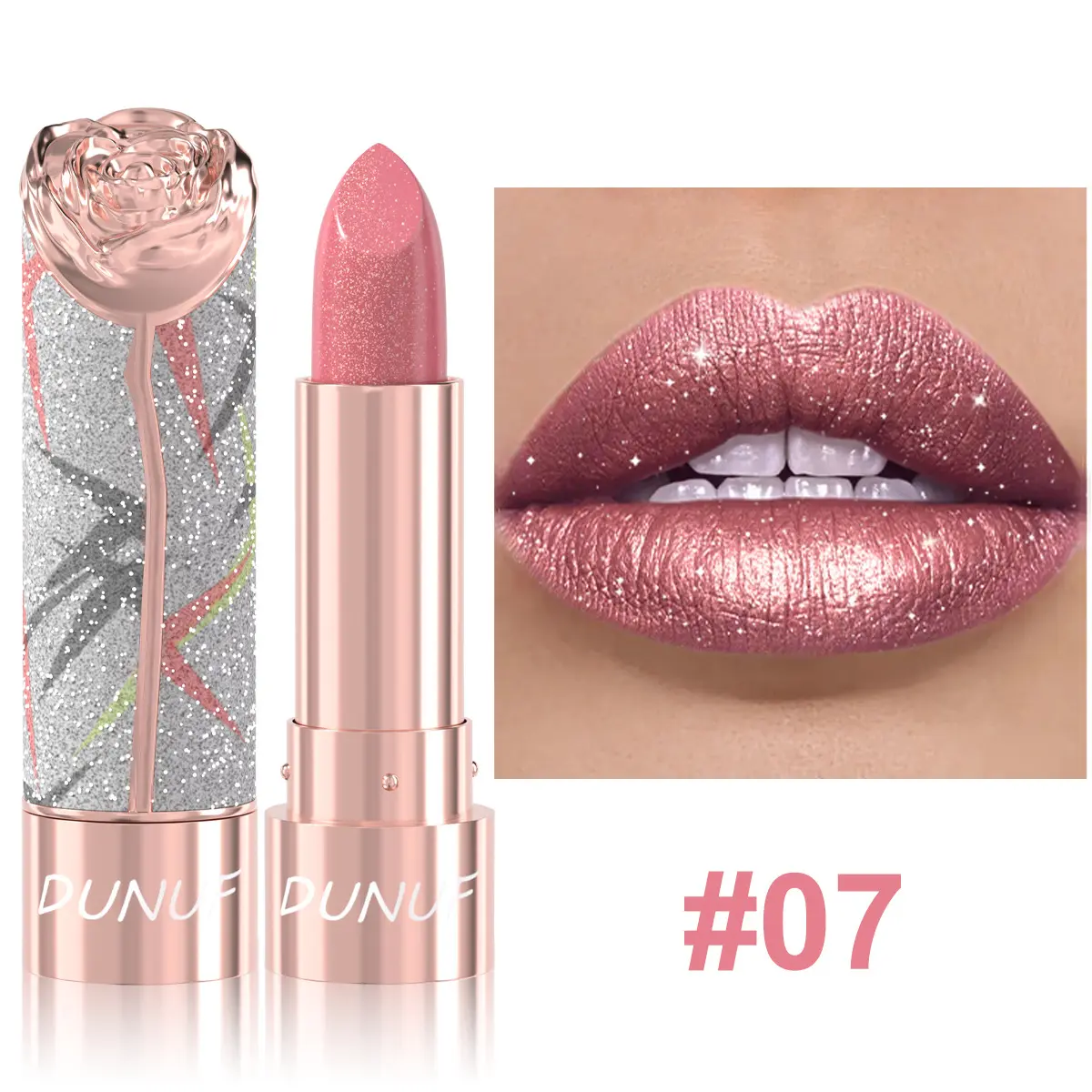 Metallic Shine Glitter Lipstick, Long Lasting Waterproof Sparkly Rose Tube Lip Gloss for Party Makeup, Shimmer Metallic Lip Cosmetic