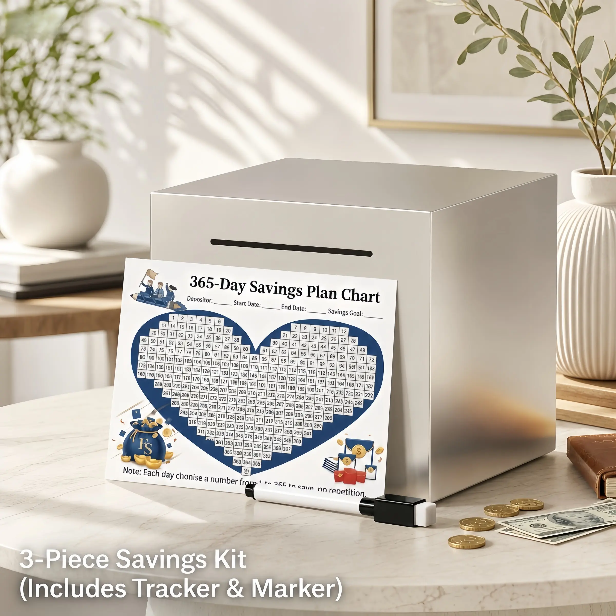 Minimalist Galvanized Steel Piggy Bank, Savings Challenge Kit with English Tracker & Marker, Unopenable Money Box for Adults, Coin Savings Bank, Money Storage Box, Alcancía de Metal