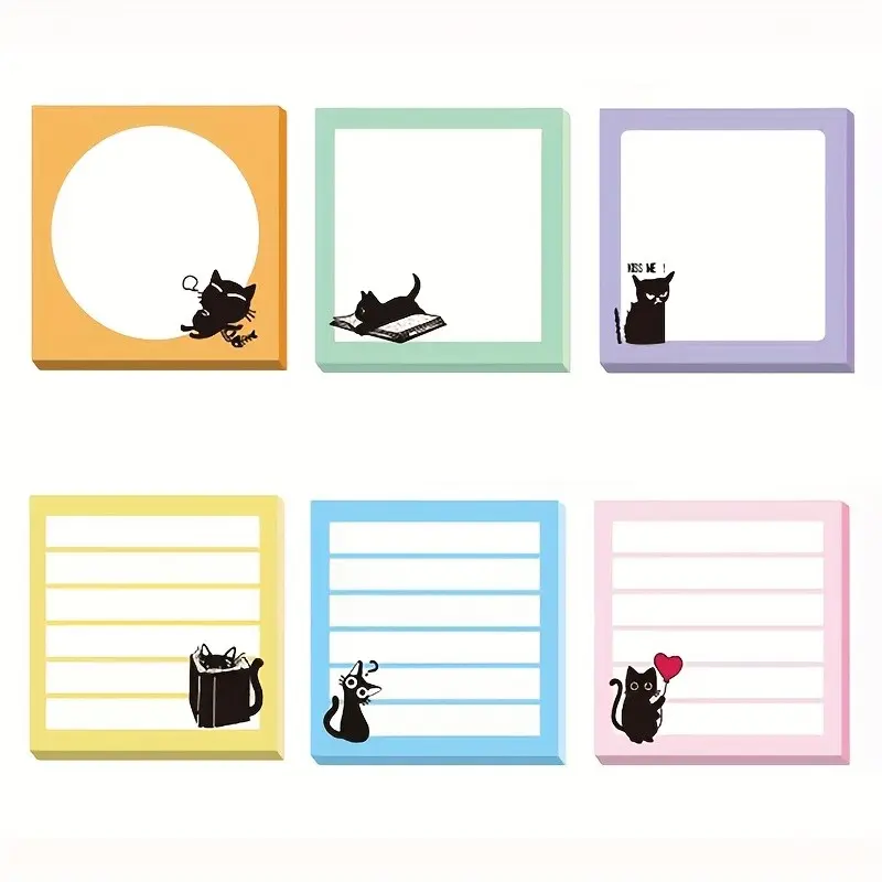 6 Pads 180 Sheets Cat Sticky Notes Funny Black Cat Cute Self-Stick Notes, Cartoon Animal Notepads 2.99x2.99 Inches Adhesive Memo Pad Office Decor Gifts for Students School Office Meeting