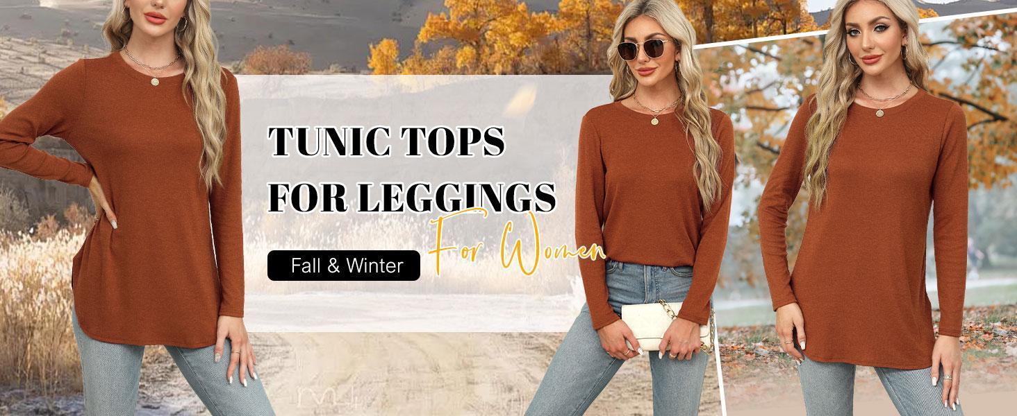 WIHOLL Womens Tunic Tops to Wear with Leggings Long Sleeve Thumb Hole Shirts Crew Neck Curved Hem