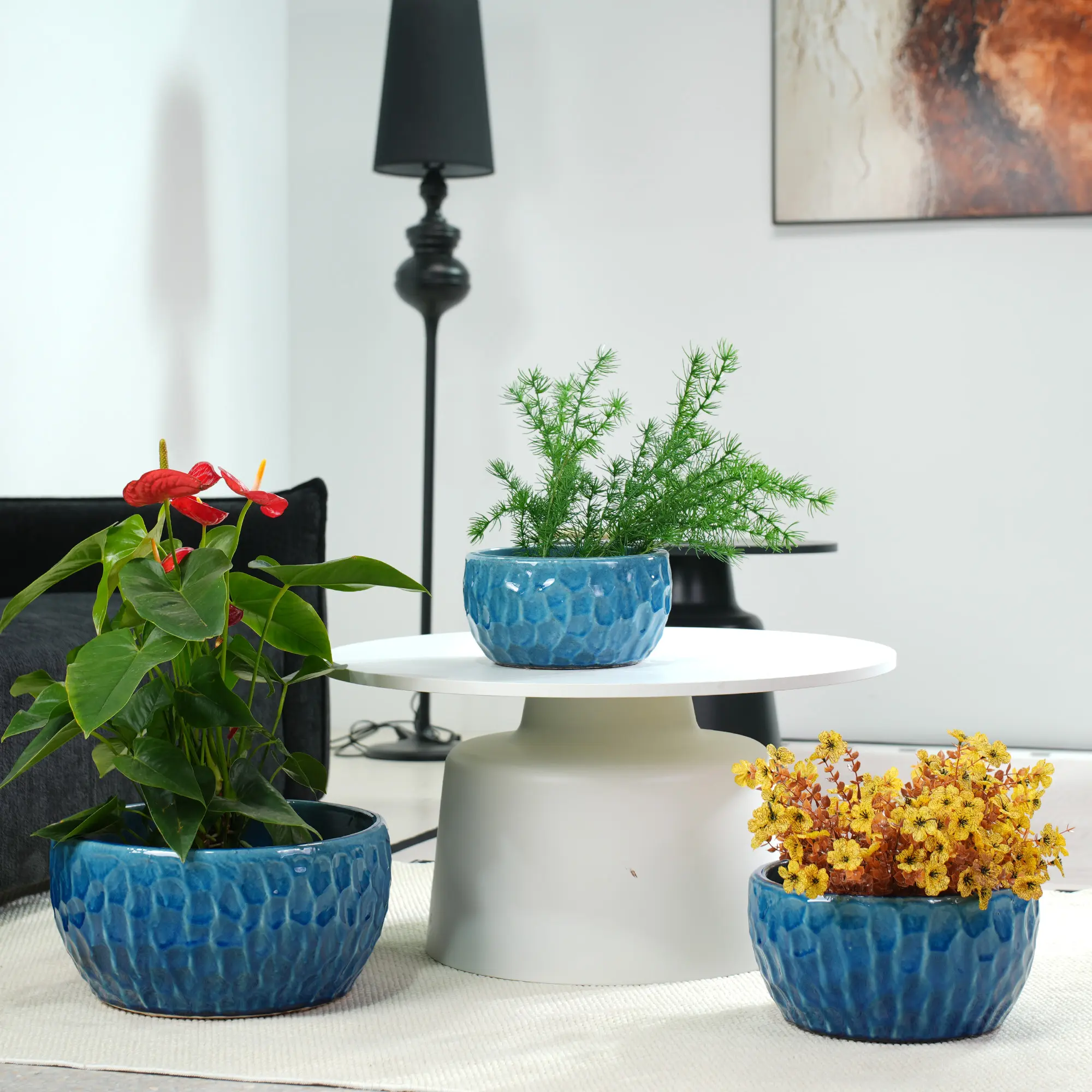 Nokaa Handmade Ceramic Planter Set of 3, 15/12/10 Inch Diameter, Glossy Lake Blue Hammered Texture, Breathable Clay Pots for Succulents Violets Herbs, Indoor Outdoor Use on Windowsill Bookshelf Patio