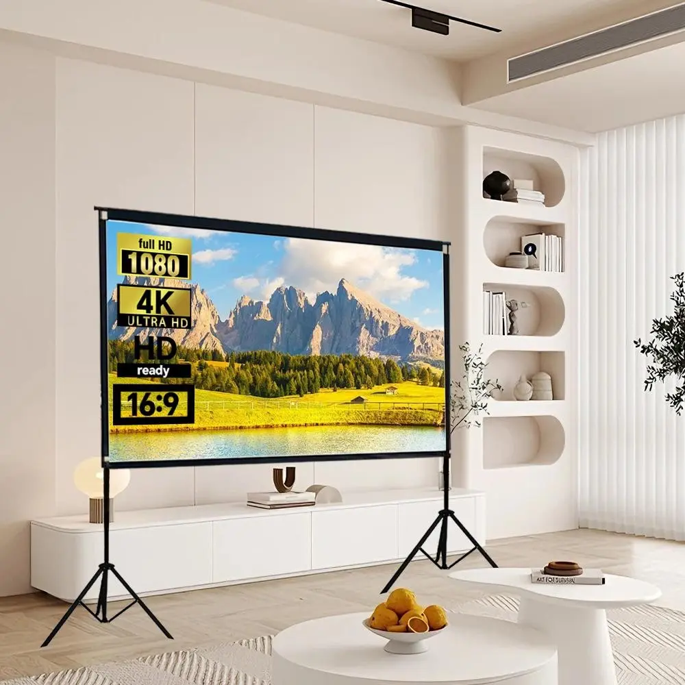 Portable Outdoor Projection Screen, Dual Stand Design, 16:9 Adjustable Border, 4K/HD Quick Setup, Foldable Screen for Yard Camping