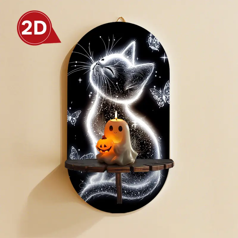 1 piece Gothic Cat Wall Shelf, Glowing Black Cat Print Wall Mounted Floating Shelf, Halloween Wall Decor for Gothic Room, Spooky Display Shelf for Small Items, Halloween Home Decoration