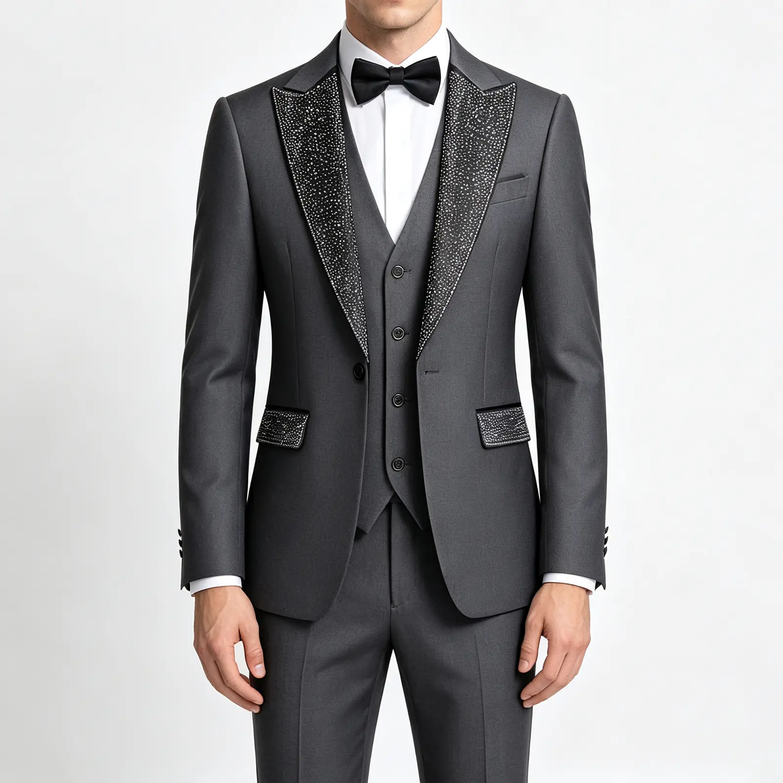 Men's 3-Piece Formal Red Tuxedo Set - Rhinestone Peak Lapel Jacket, Matching Hem Vest, Pants & Bow Tie for Wedding, Evening Events with Premium Fabric