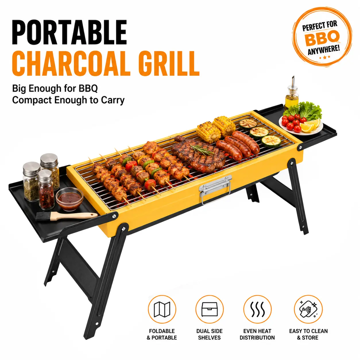Portable Stainless Steel Folding Charcoal BBQ Grill, Compact Tabletop Barbecue Grill with Side Panels & Carry Handle for Picnic Backyard-5651