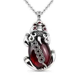 Silver Plated Copper Pixiu Pendant Necklace, Vintage Inlaid Oval Red Gem Chinese Wealth Symbol Animal Necklace For Women Men