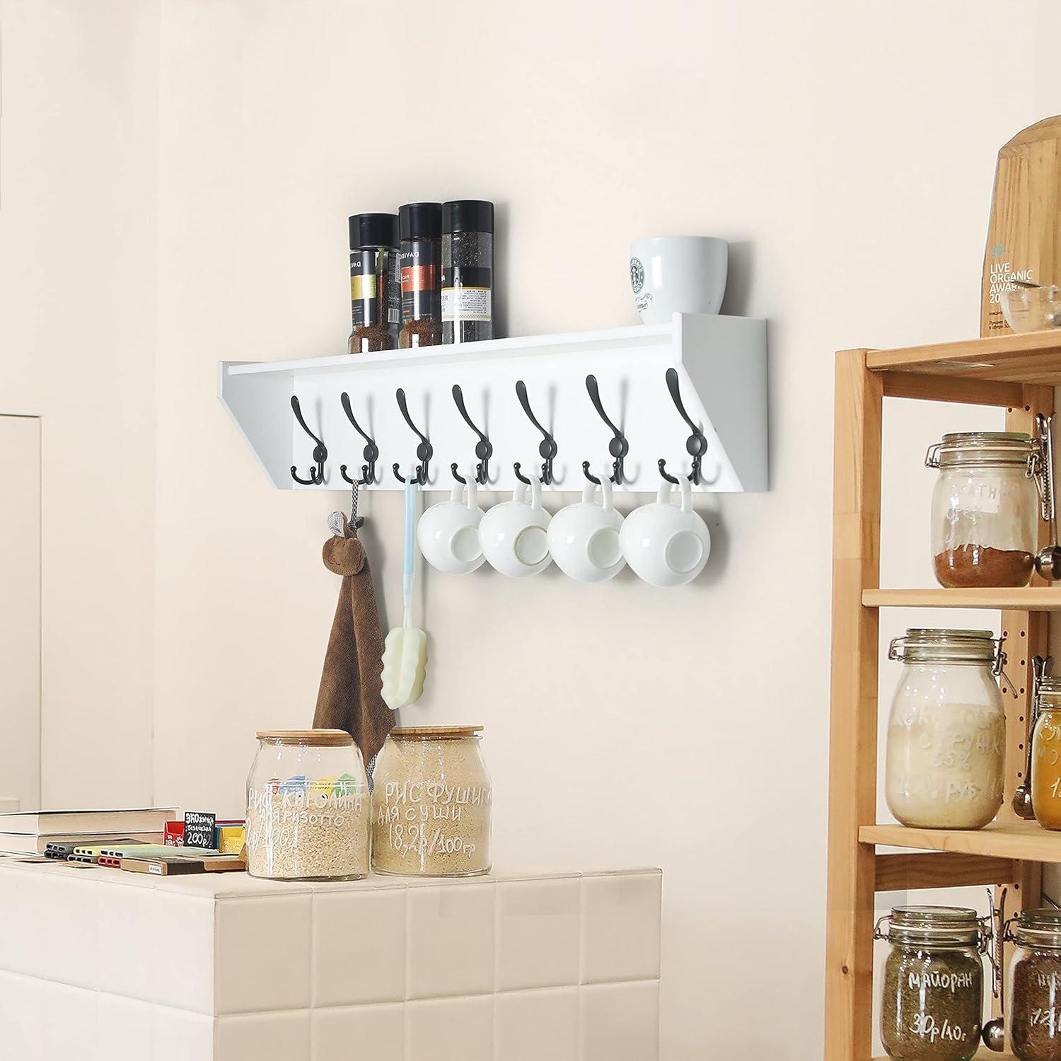 Coat Rack Wall Mount with Shelf,35" Long White Shelf with Hooks Underneath,7 Triple Hooks,Key Rack for Wall,Entryway Shelves for Wall