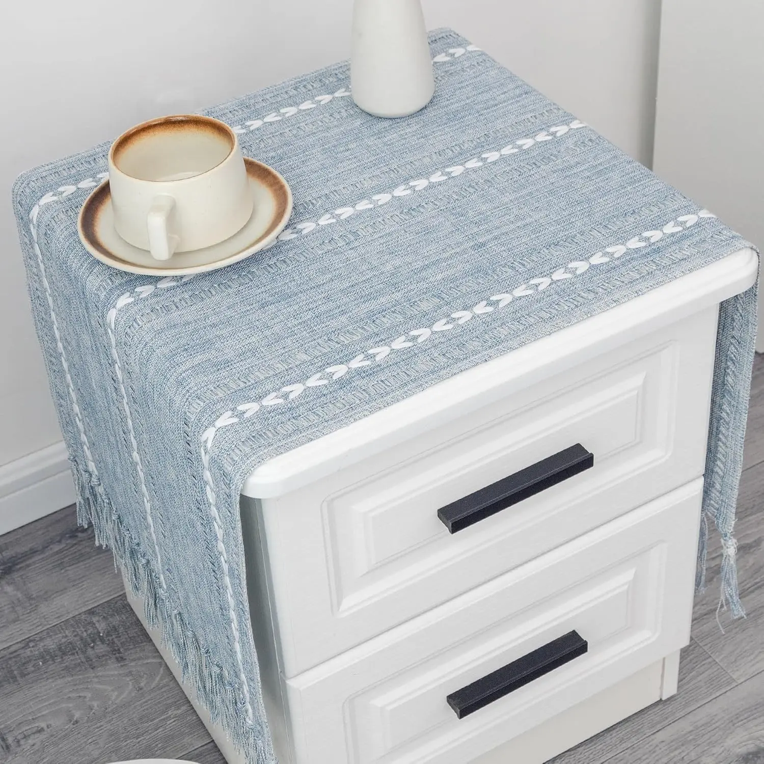Farmhouse Rustic Blue Table Runner with Tassels Boho Linen Style Braided Striped Table Runners 36 Inches Long for Holiday Party Wedding Dresser and Nightstand Decorations 15x36 Inches