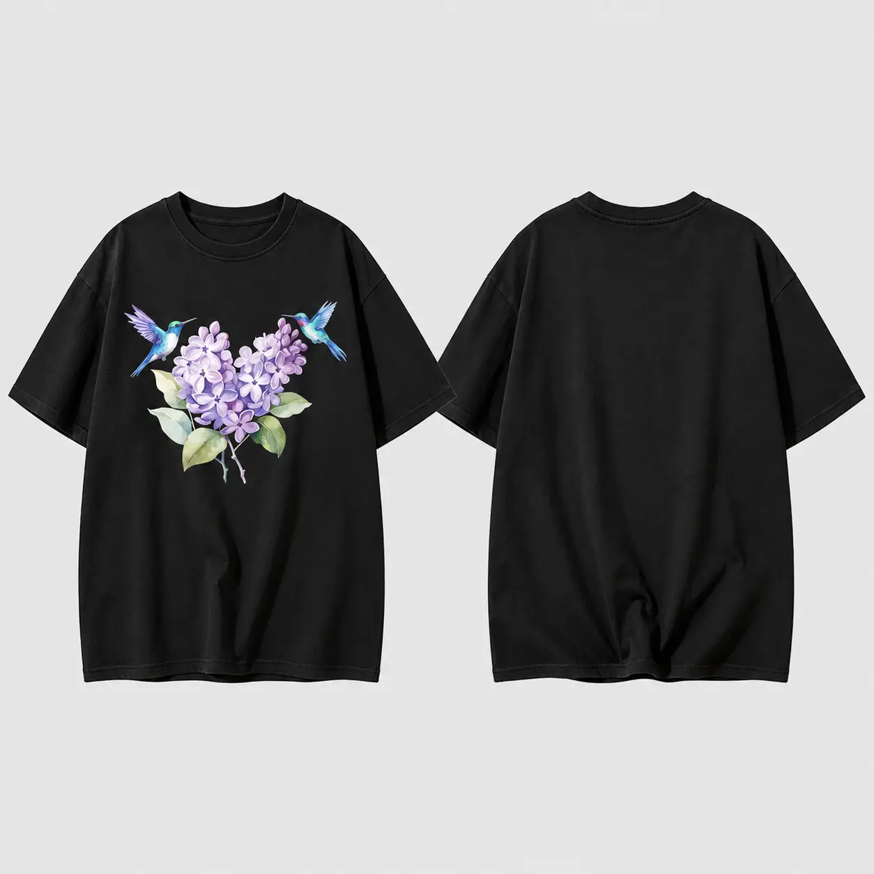 Women's Cotton T-Shirt, Retro Botanical Art Short Sleeve Top with Watercolor Hummingbird Print, Lightweight & Casual for Summer, Tops, Comfortable, Round Neck, 100% Cotton