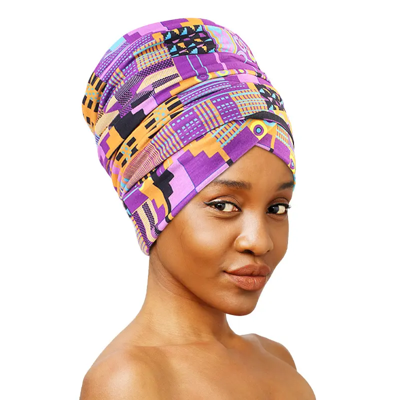 Women's Sporty Sports Headbands - Viral African Kente Geometric Tribal Print High Crown Layered Headwrap, Stretch Slip-On Bonnet with Full Hair Coverage for Church, Party Wear