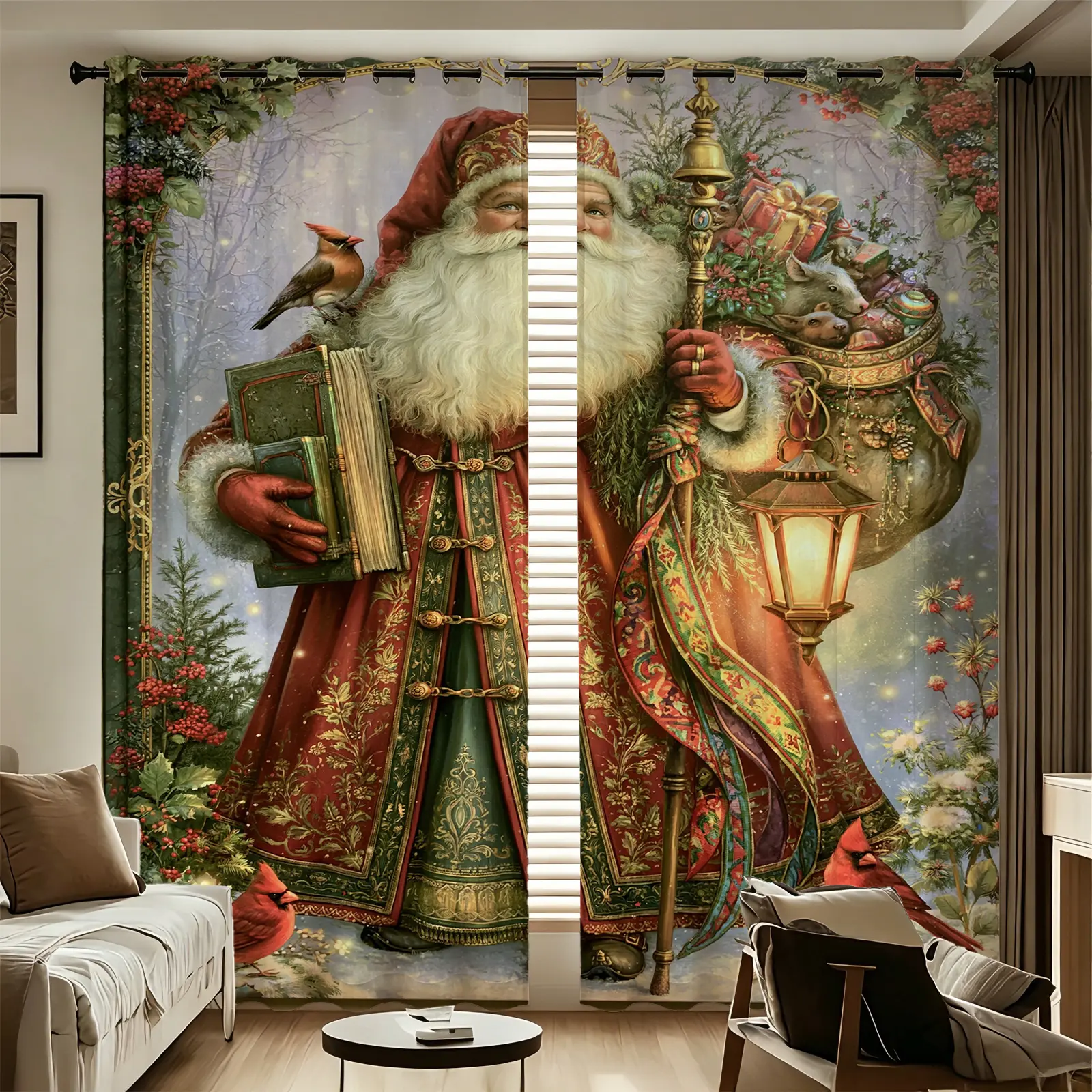 2pcs Curtain set Vintage Santa Claus Christmas Printed Curtains, with 85% light blocking effect, energy saving heat insulated sun protection, rod pocket design for easy installation, perfect for living room and bedroom home decor, create warm festiv
