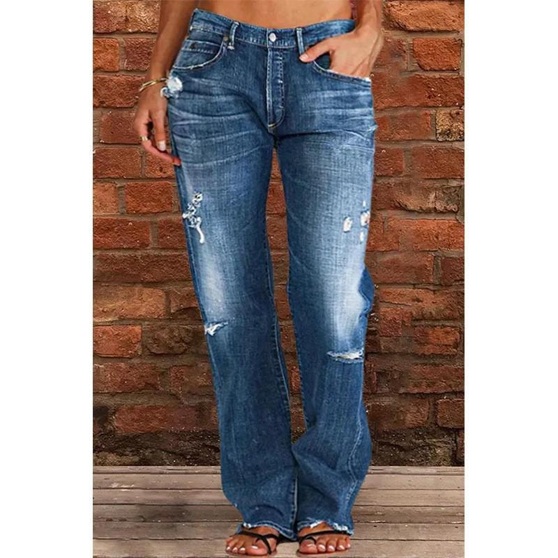 Women's Ripped Jeans Mid Rise Straight Leg Denim Jean Plus Size Boyfriend Jeans Baggy Flare Pants 90s Hippie Clothes