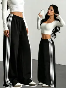 Lazy Loose Fit Classic Side Stripe Drop Waist Casual Wide Leg Pants Women, Lazy Slimming Versatile Body Shape Sports Long Pants, All Seasons Multiple Colors Available