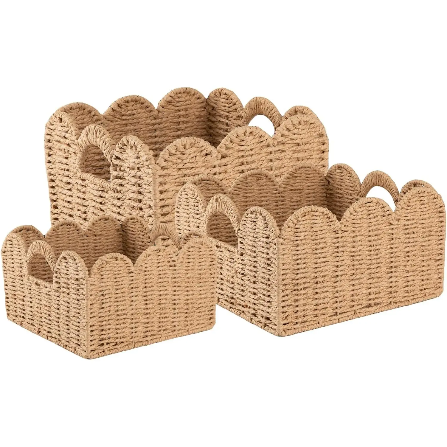 Scalloped Wicker Baskets, Hand-woven Storage Baskets with Built-in Handles, Paper Rope Shelf Baskets for Organizing and Decoration, Set of 3-Yellow