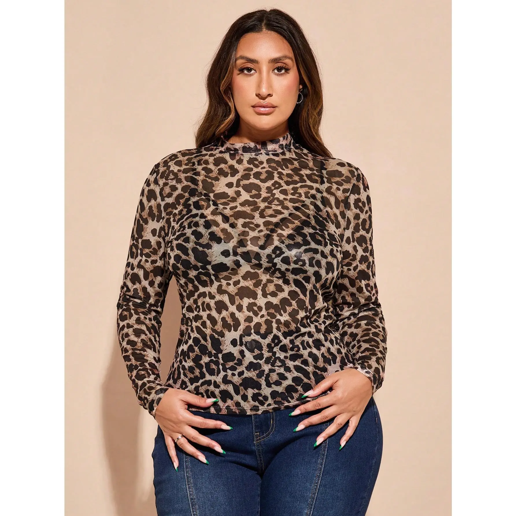 Plus Size Leopard Print Mesh See Through Top Mock Neck Long Sleeve Fitted Tee Shirts
