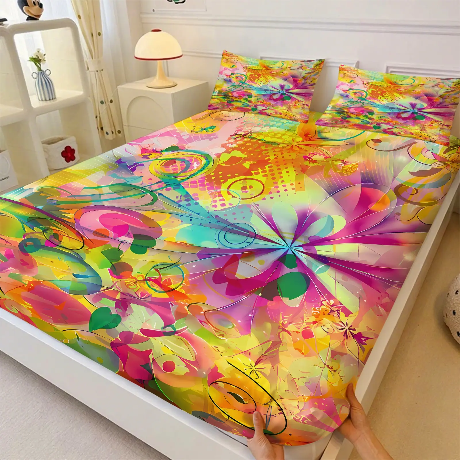 3Pcs Y2K Psychedelic Colorful Abstract Floral Fitted Sheet Set, Watercolor Gradient Flower And Vine Art Prints, With 2 Pillowcases,  Decor For Art Style Girls Bedroom & Bohemian Apartment, Gift For Kids And Teenagers, Patterned Bedding Set
