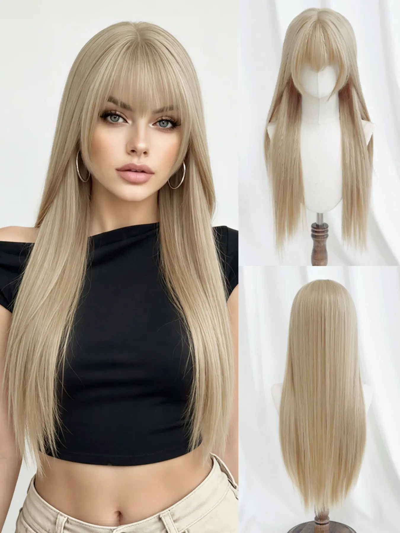 30-inch Platinum Blonde Long Straight Wig with M-Shaped Blunt Bangs, matte heat-resistant fiber, breathable rose net cap, fluffy & silky, heat-resistant fiber wig, perfect for daily/work/party/chic, a must-have fashion wig