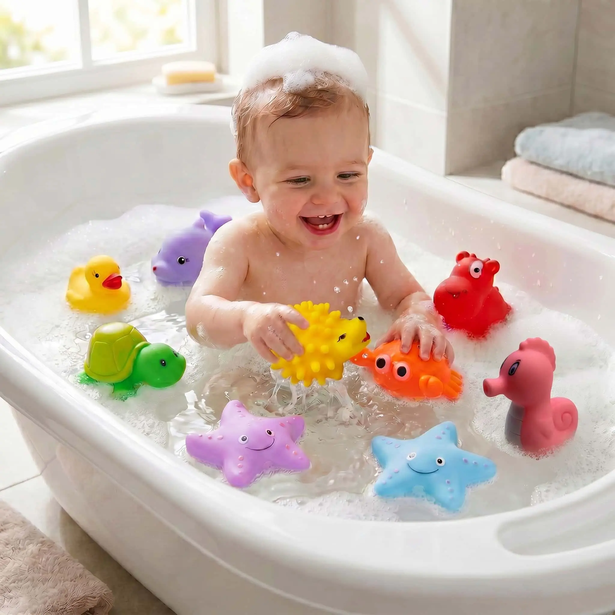 9pcs Baby Bath Toys Squeaky Rubber Sea Animal Set, Floating Bathtub Shower Toys for Newborn Toddler 0-36m, Bath Time Sensory Play, BPA Free En71 Certified