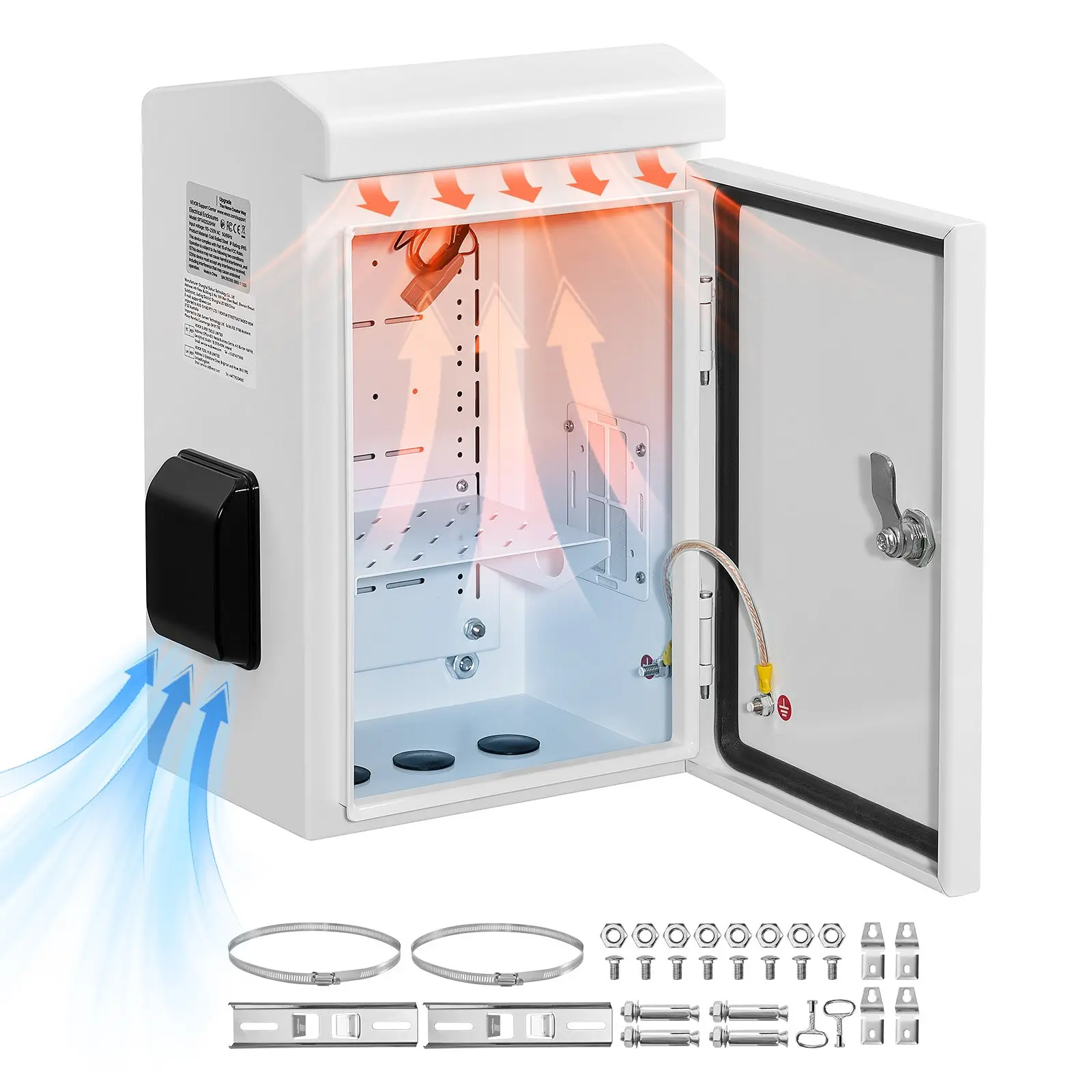 VEVOR Outdoor Electrical Box, Cold-Rolled Steel, Electrical Junction Box with Thermostat and Fan, Rain Hood, Ventilated Design, IP65 Waterproof Hinged Enclosure, Wall/Pole Mounted, 16x 12x 8 in