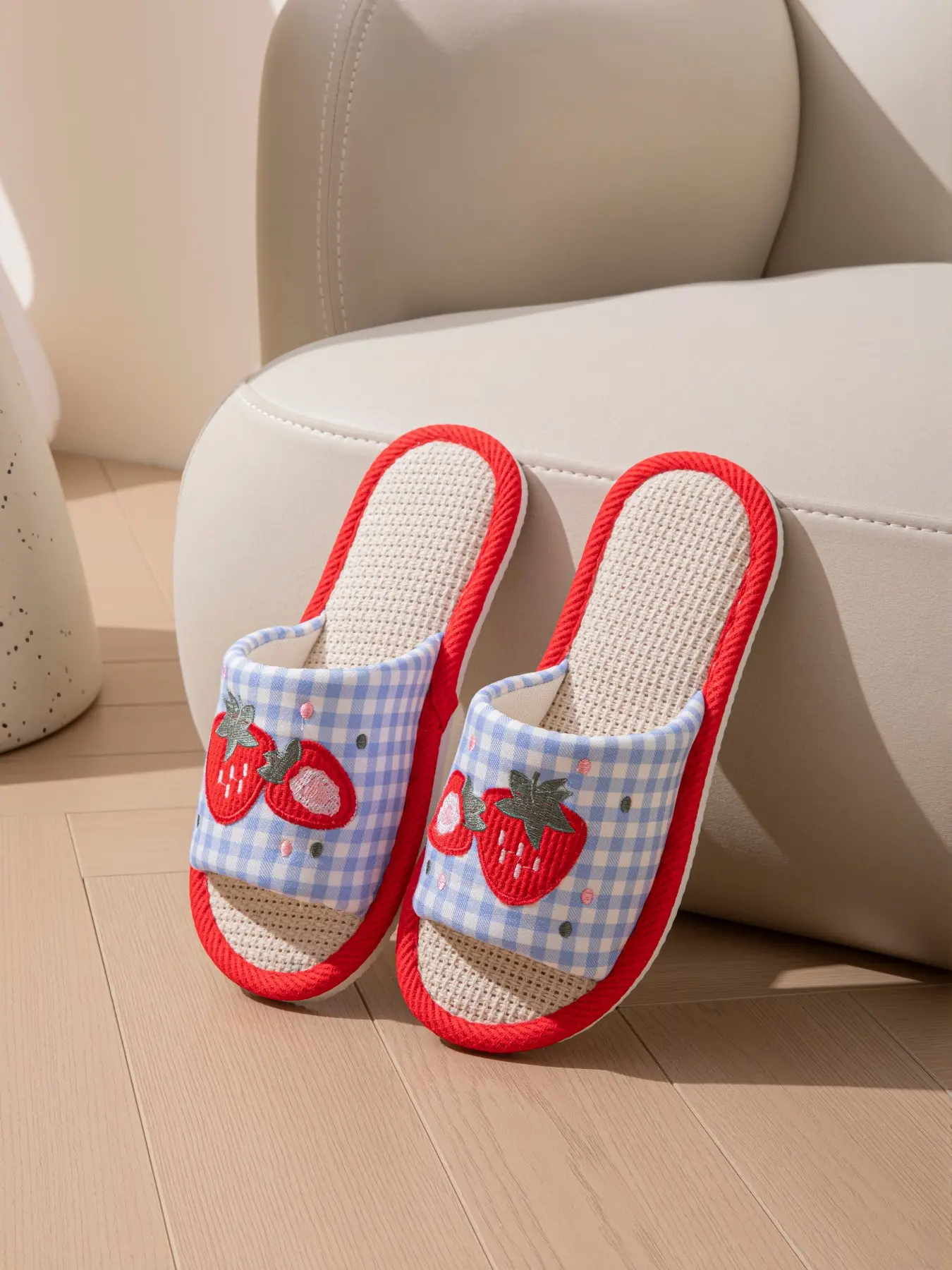 New Summer Autumn Open Toe Linen Strawberry Pattern Home Slippers, Unisex Large Size Lightweight Versatile Slippers