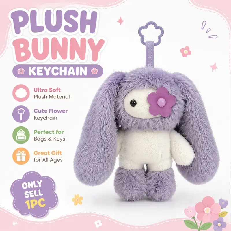 Kawaii Long Ear Bunny Plush Keychain, Flower Decor Rabbit Stuffed Doll Bag Pendant Car Keyring, Girls Kids Birthday Photo Booth Prop, Bedroom Desk Ornament Birthday Party Favor Gift