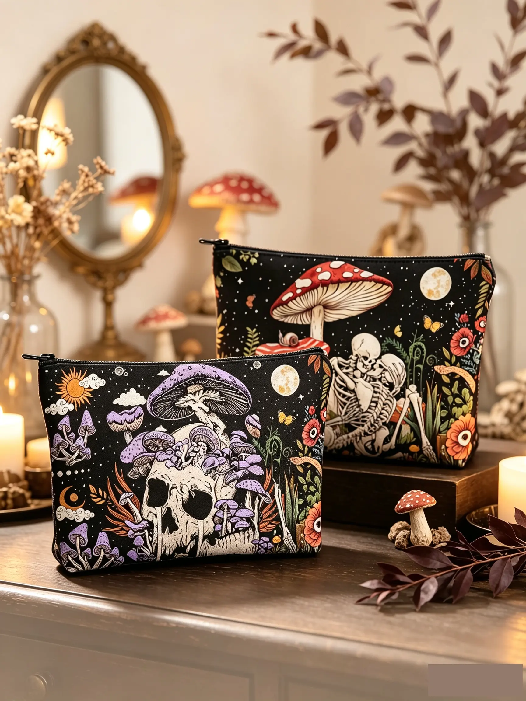 Gothic Mushroom Skull Makeup Bag, Dark Forest Fairy Tale Storage Pouch, Multi-Use Zippered Travel Organizer, Halloween Gift