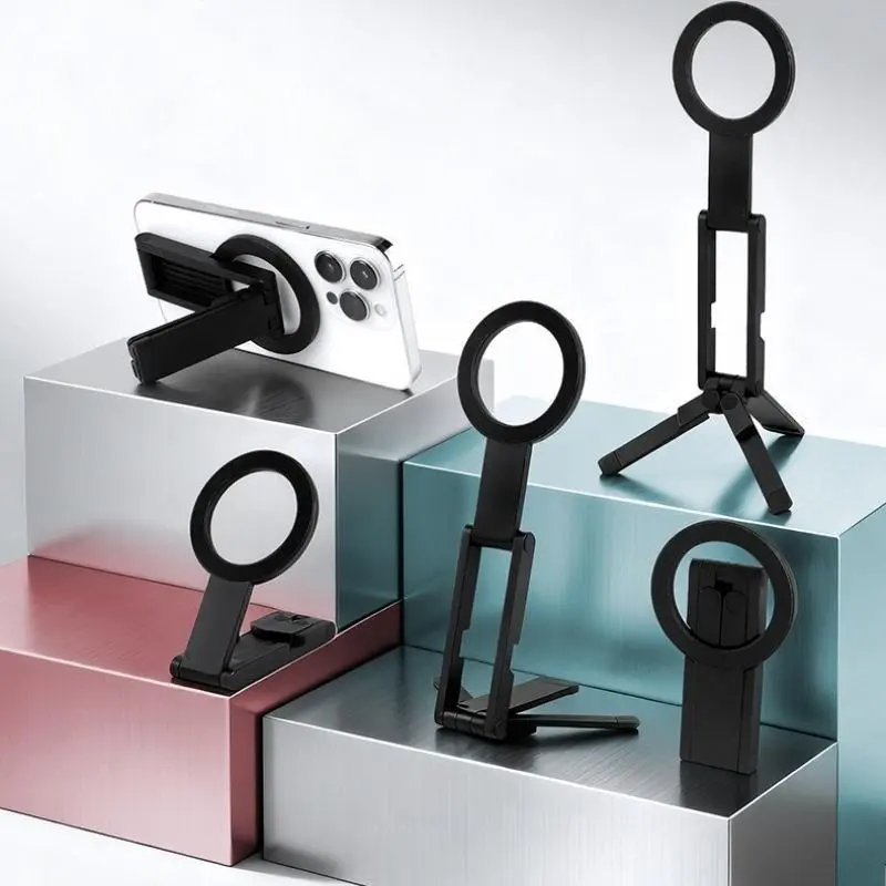 Ultra-Thin 0.8cm Foldable Magnetic Mobile Support Tripod, Lightweight Pocket Aluminum Device Cradle With Fast Magnetic Snap Design, Multi-Position Rotatable Handheld & Desktop Shooting Stand With Bonus Magnetic Ring, Wear-Resistant Compact Travel Ornament