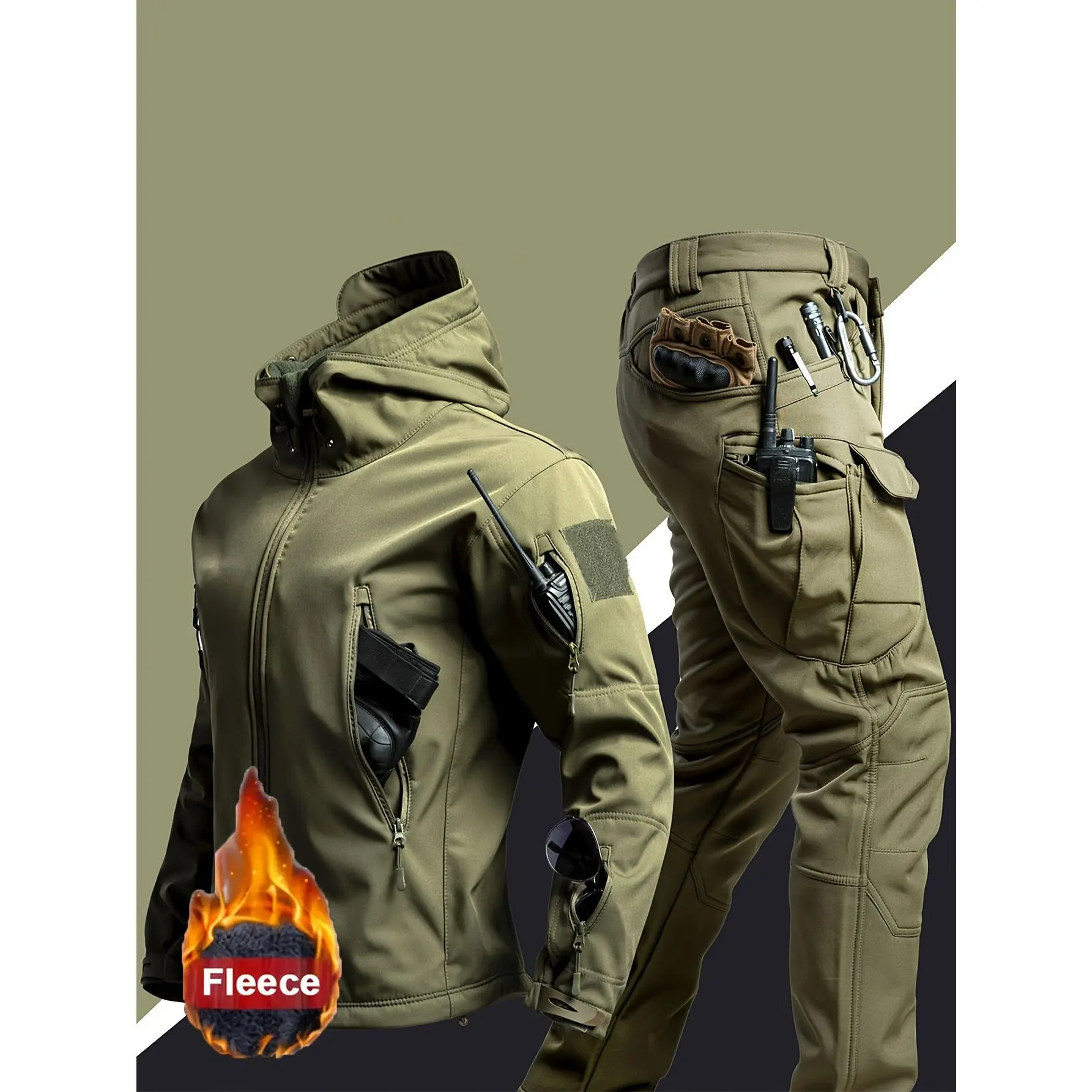 Autumn Winter Men'S Fleece Warm Suit Shark Skin Soft Shell Windproof Hooded Jacket Outdoor Sports Hiking Hunting Long Trousers