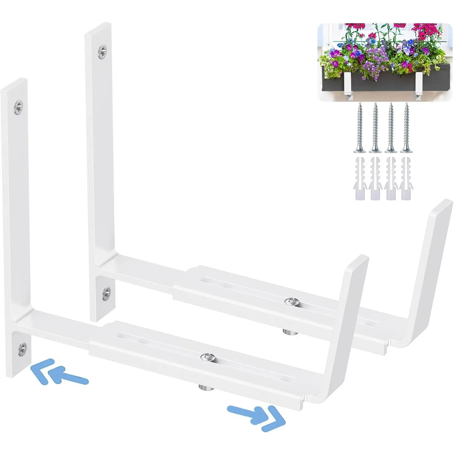 2 count Adjustable Planter Box Brackets (6 to 12.5 in),  Window Box Brackets, Heavy Duty Metal Flower Box Wall Mounting Hooks for Balcony, Fences, Patio, and Garden - White
