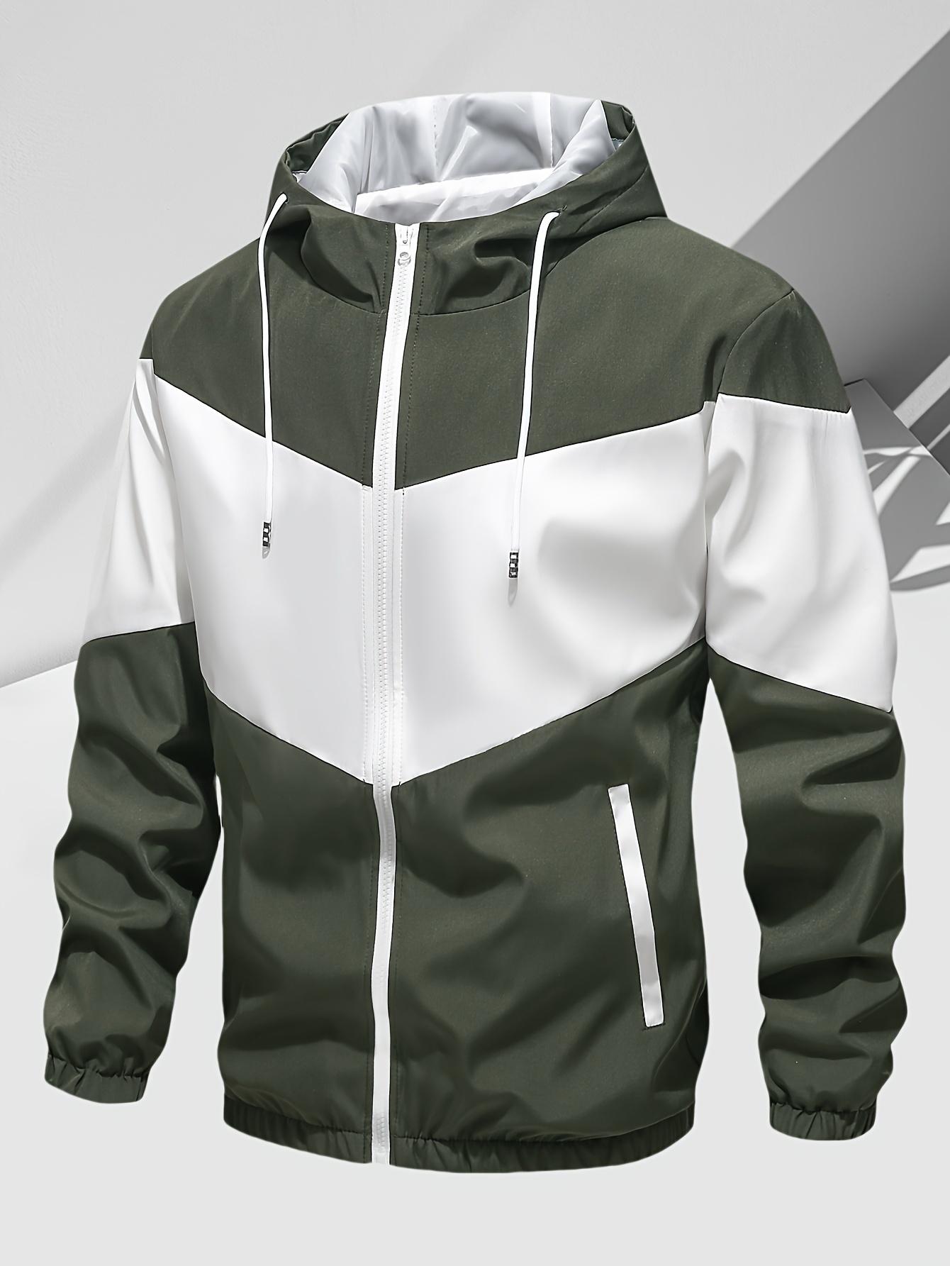 Men's casual two-piece set, stylish contrasting zipper hooded jacket, breathable solid color drawstring pants