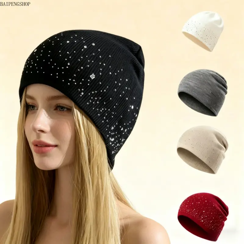 Women's Y2K Gothic Alphabet NY Pattern Acrylic Beanie Hat, Rhinestone Studded Stretchy Elastic Knit Cap, Lightweight Breathable Warm Cozy Hat, Easy‑Care Fashion Headwear for Autumn Winter Outdoor Daily Wear