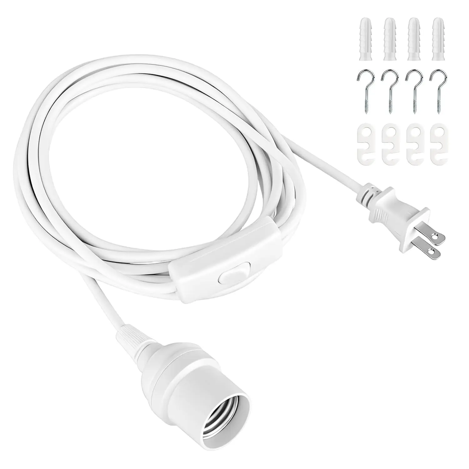 13 Ft White E26 Socket Pendant Light Extension Cord with Inline On/Off Switch, Lamp Control DIY Home Improvement Accessory for Hanging String Fixtures