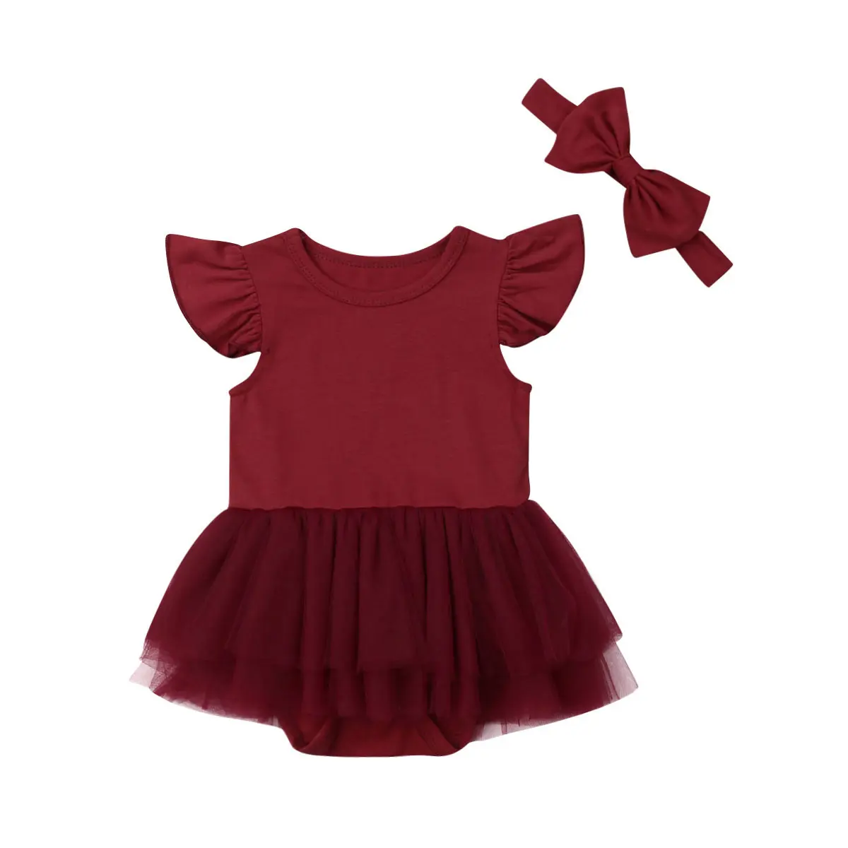 Baby Girls 2Pcs Tutu Romper Set Sleeveless Flutter Sleeve Tulle Skirted Bodysuit Matching Bow Headband Wine Red Newborn Outfit