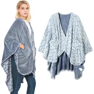 Double-Sided Wearable Blanket Ultra Soft Flannel Shawl Reversible Blanket with Pockets for Women and Men